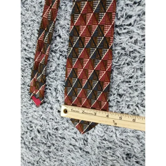 ERMENEGLIDO ZEGNA Tie 100% Silk Italy Classic 60 Red‎ Brown Geometric Rectangle